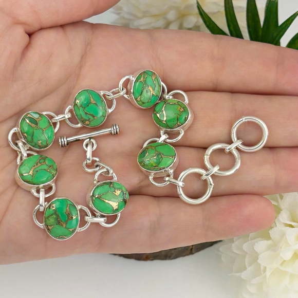 Southwest Boho Genuine Green Copper Turquoise Gemstone Bracelet New 925 Silver - Picture 3 of 7